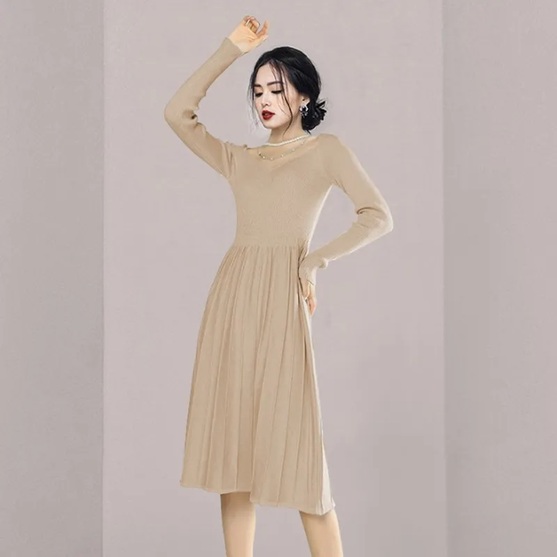 

New Spring Winter Knit Long Dress Women Casual Sexy V-Neck Slim Sweater Dresses Robe Office Lady Clothing