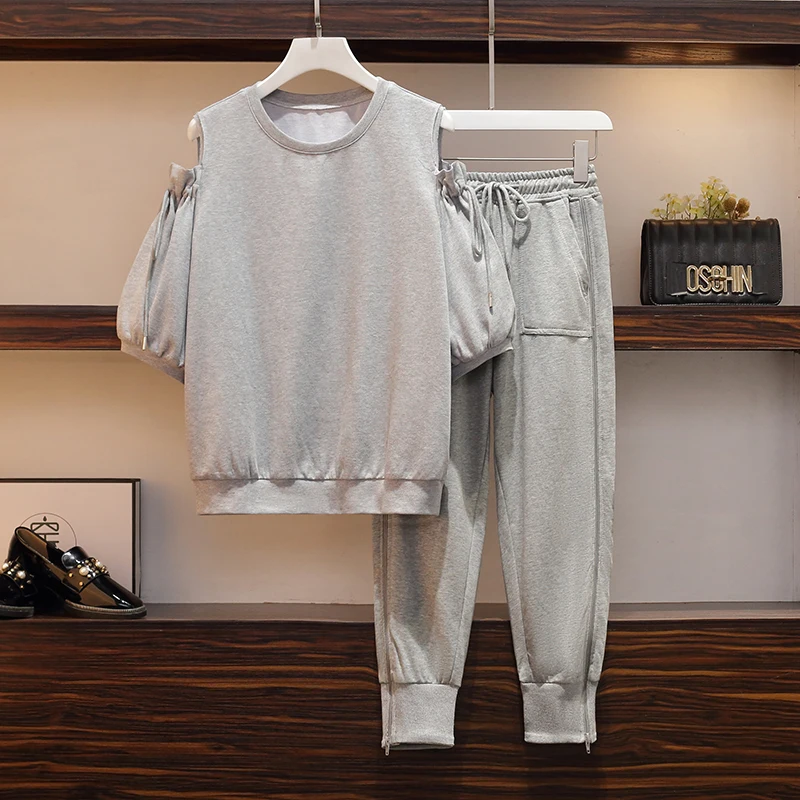 

Big Yards Summer New Fashion Ladies' Off-Shoulder Short-Sleeved Sweatshirt Pants Women Grey Leisure Suit Outfit Loose Top