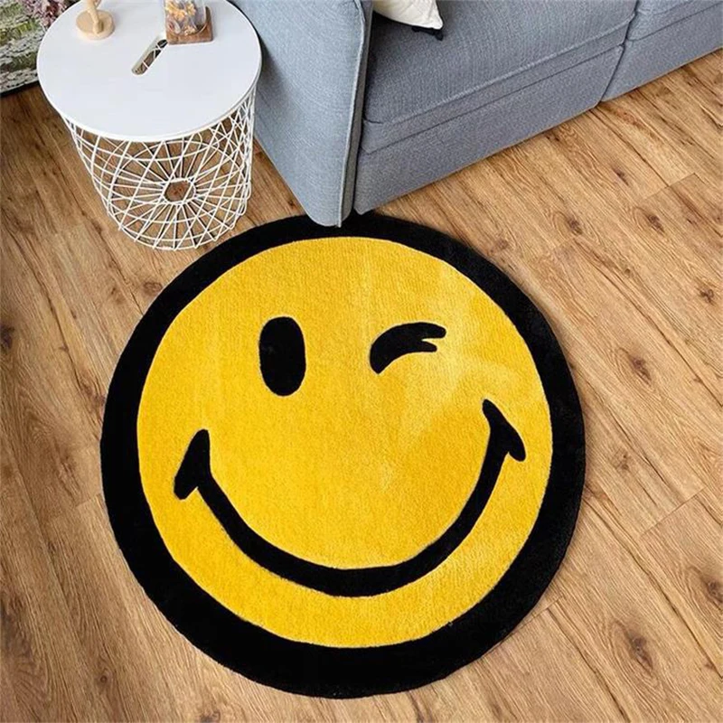 

Modern Yellow Smiley Round Carpet for Living Room Bedroom Children's Room Rug Furry Floor Mat Kids Room Shaggy Smile Carpets