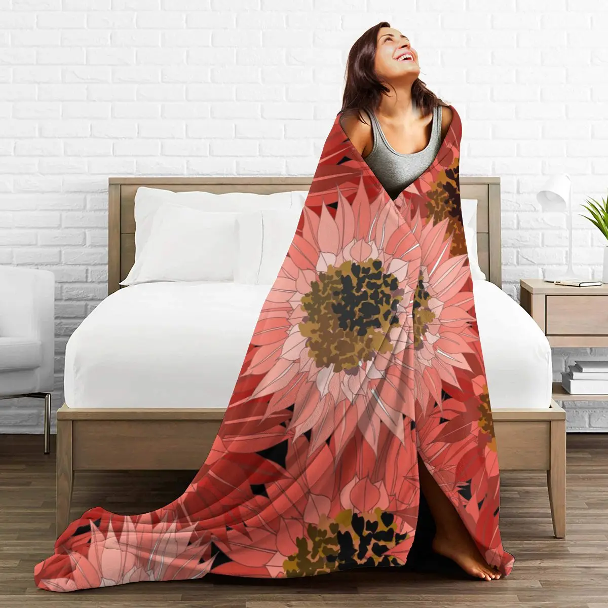 

Soft Warm Fleece Blanket Red Sunflowers Pattern Winter Sofa Plaid Throw 3 Size Light Thin Mechanical Wash Flannel Blankets