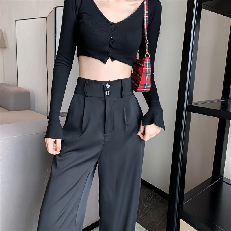 

2020 New Womens Casual Pants Loose Style Stright Suit Pants High Waist Chic Office Ladies Pants Trousers Streetwear Female Pants