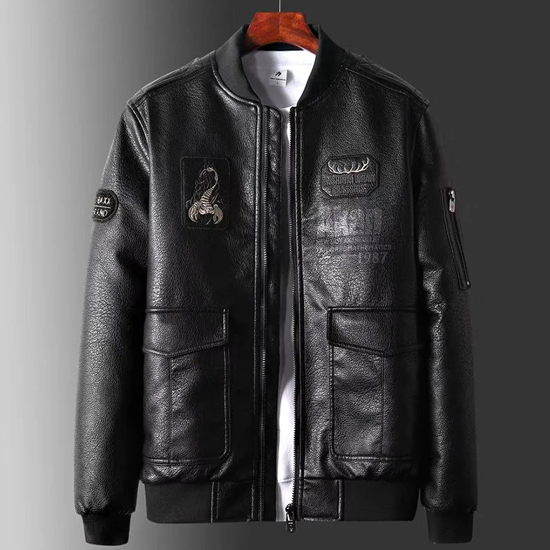 Hywcvar мужская куртка со стоячим воротником PU Coat Scorpion вышивка искусственная кожа черная Мужская с длинным