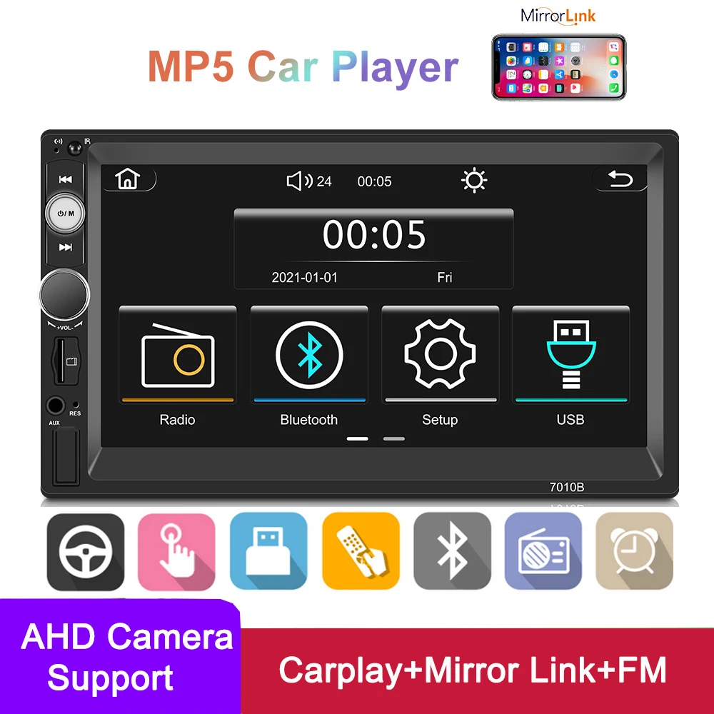 

2 Din Car Radio 7 Inche Mirror Link Carplay MP5 Universal Car Stereo FM BT AUX SWC AHD Camera Support Car Multimedia Player