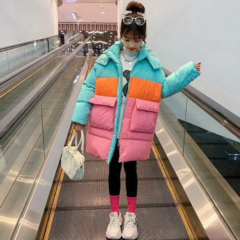 

Lovely Girls Candy Color Hooded Down Puffer Jacket Children Winter Big Patchwork Wadded Outerwear Teenage Loose Coats Tops 5-12y