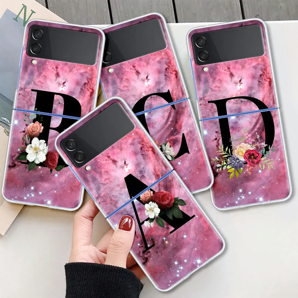 

Clear Case for Samsung Z Flip3 5G Phone Cover for Galaxy ZFlip 3 Hard Silicone Funda For Z Flip3 Capa Flower Letter