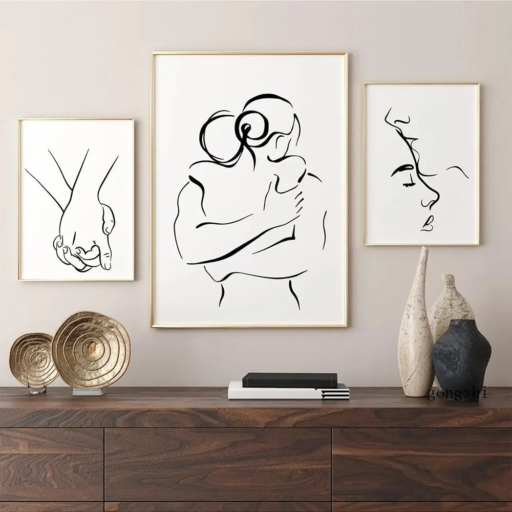 

Romantic Love Couple Line Posters Kissing Hugging Hold Hands Canvas Painting and Prints Wall Art Pictures for Living Room Decor