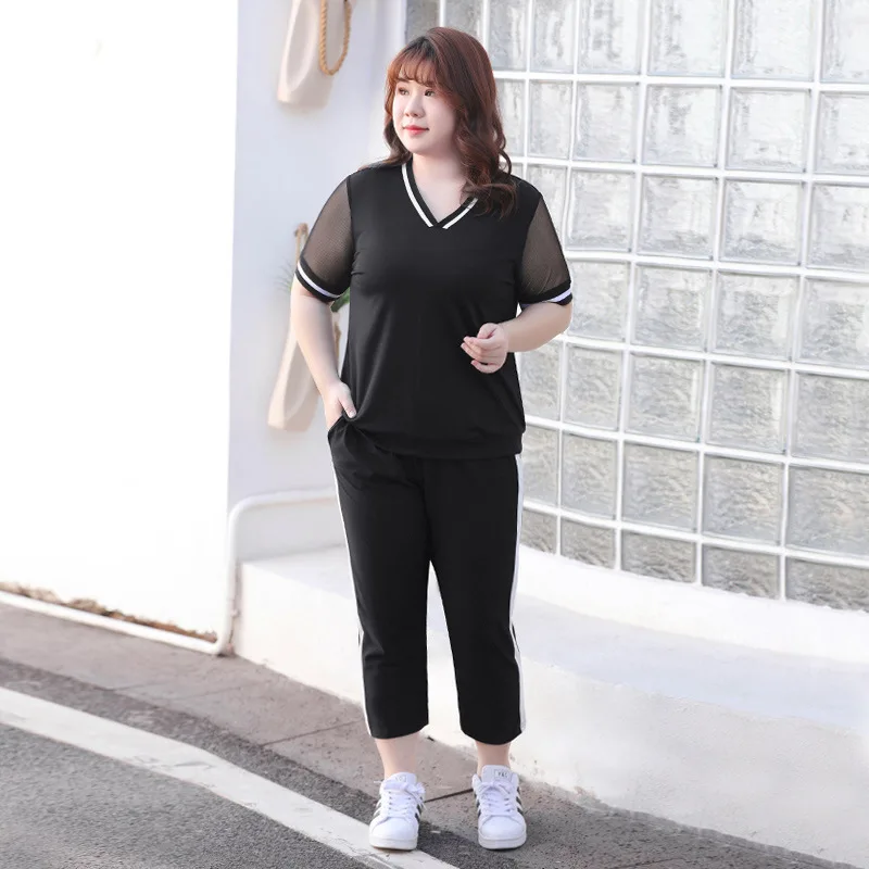 New summer plus size sports suits for women short sleeve loose black T-shirt and capri pants training suit sets 3XL 4XL 5XL 6XL |