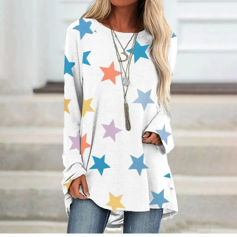 

5XL.4XL Spring and Autumn Women's Casual Top Star Print White Pink Blue Round Neck Raglan Long Sleeve T-shirt