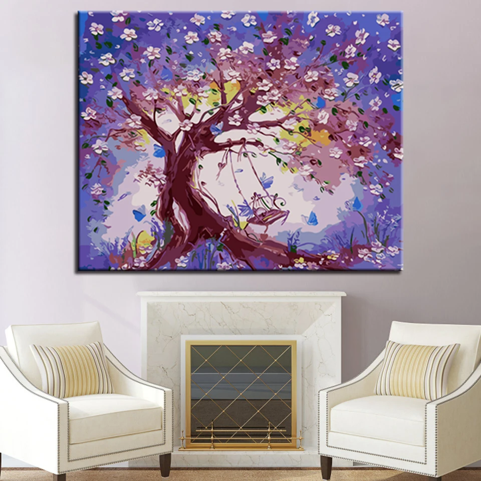 Фиолетовые деревья и качели DIY Краска ing комплекты номеров картина с каллиграфией