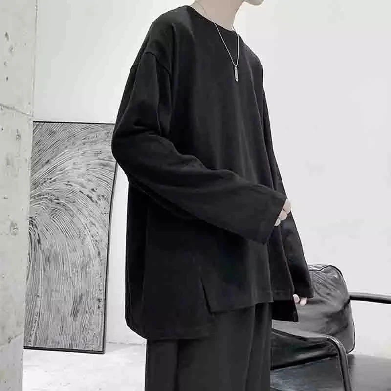 

Top men's simple loose shirt Korean design long sleeve split T-shirt fashion T-shirt BF casual early autumn bottom