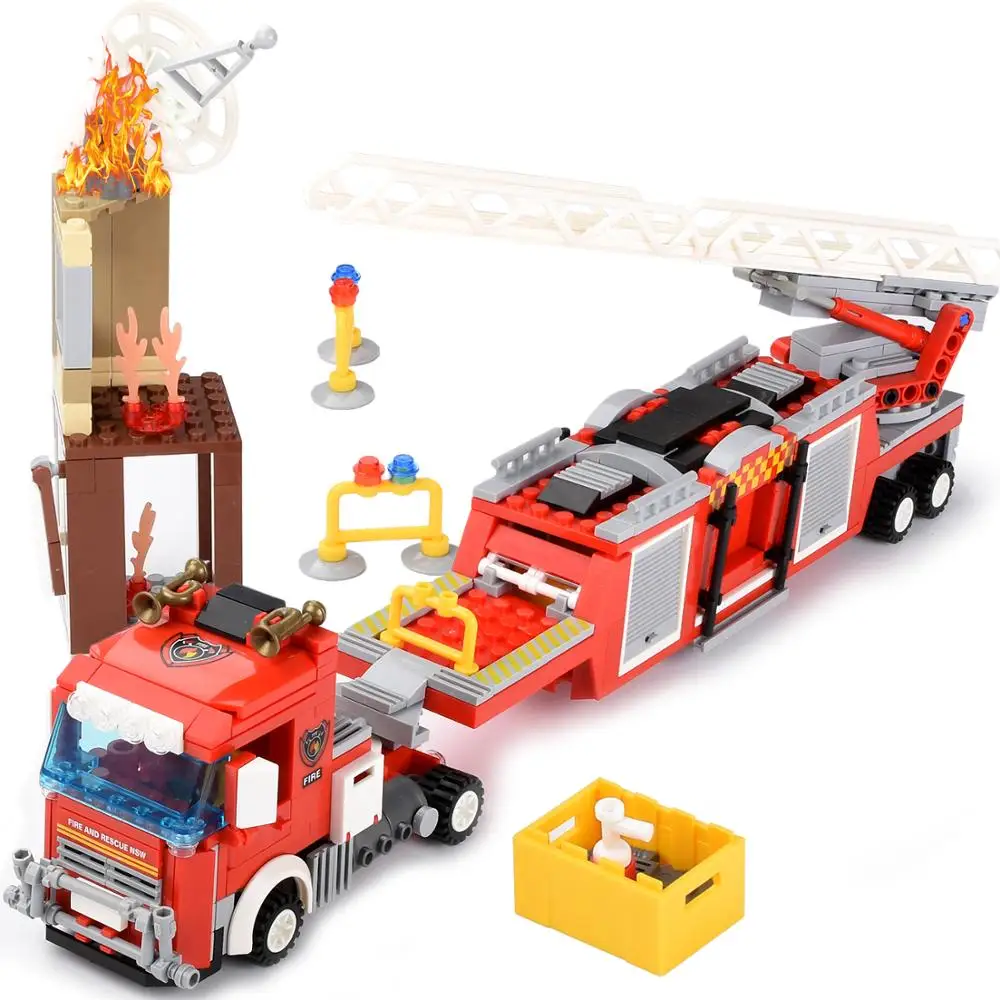 491+pcs DIY Blocks Rescue Fire Fighting Truck Building City Firemen figures Educational Bricks Toys for Children Kid Gift | Игрушки и