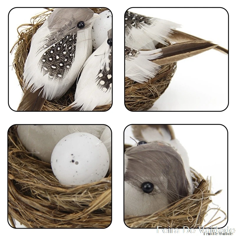 

1 Set Realistic Feathered Birds with Nest & Birds Egg, Artificial Craft Birds for Garden Parties Lawn Decor Home Car Ornament