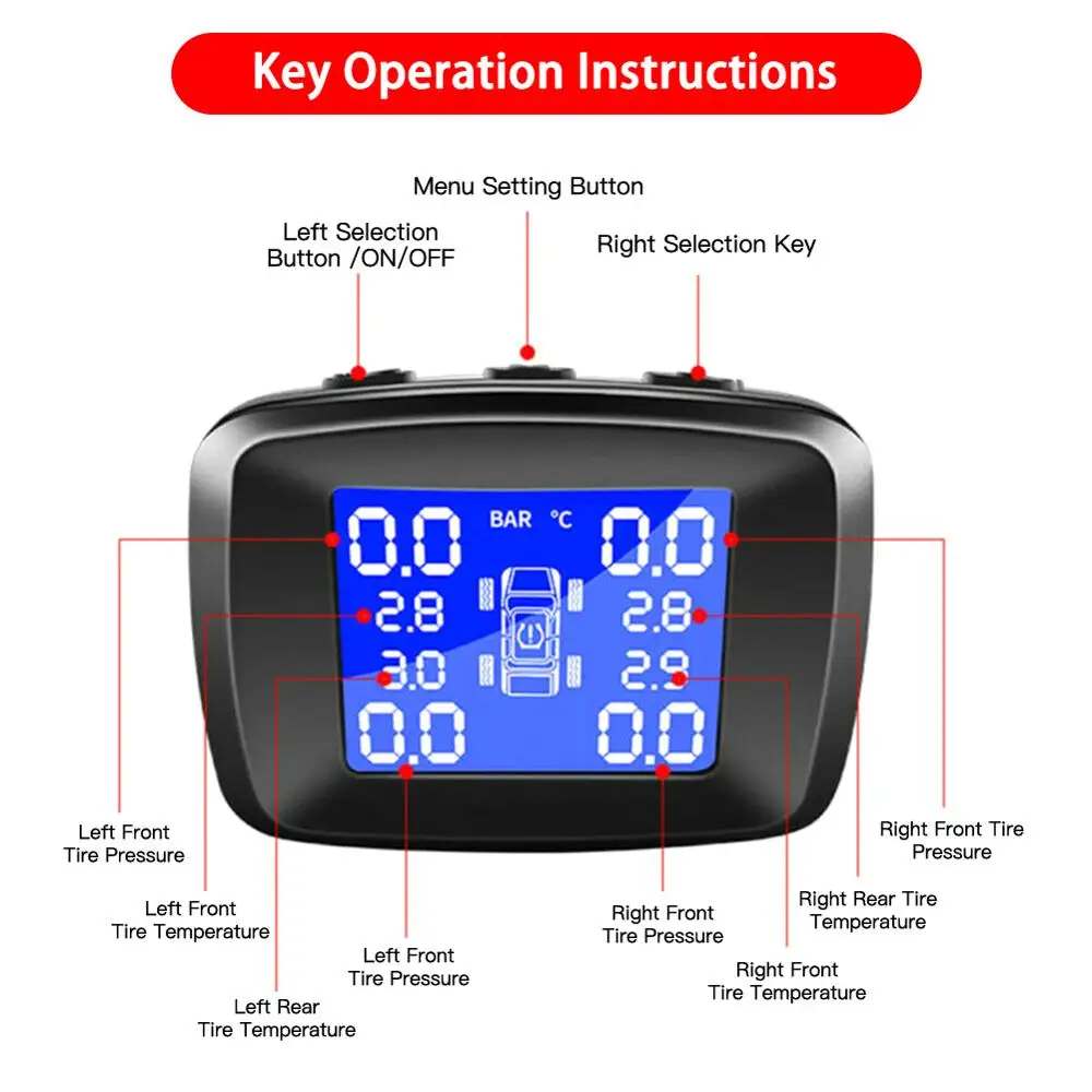 Car TPMS Wireless Tire Pressure Monitoring System Monitor LCD +4 External Sensors Kit Tyre Alarm Parts | Автомобили и мотоциклы