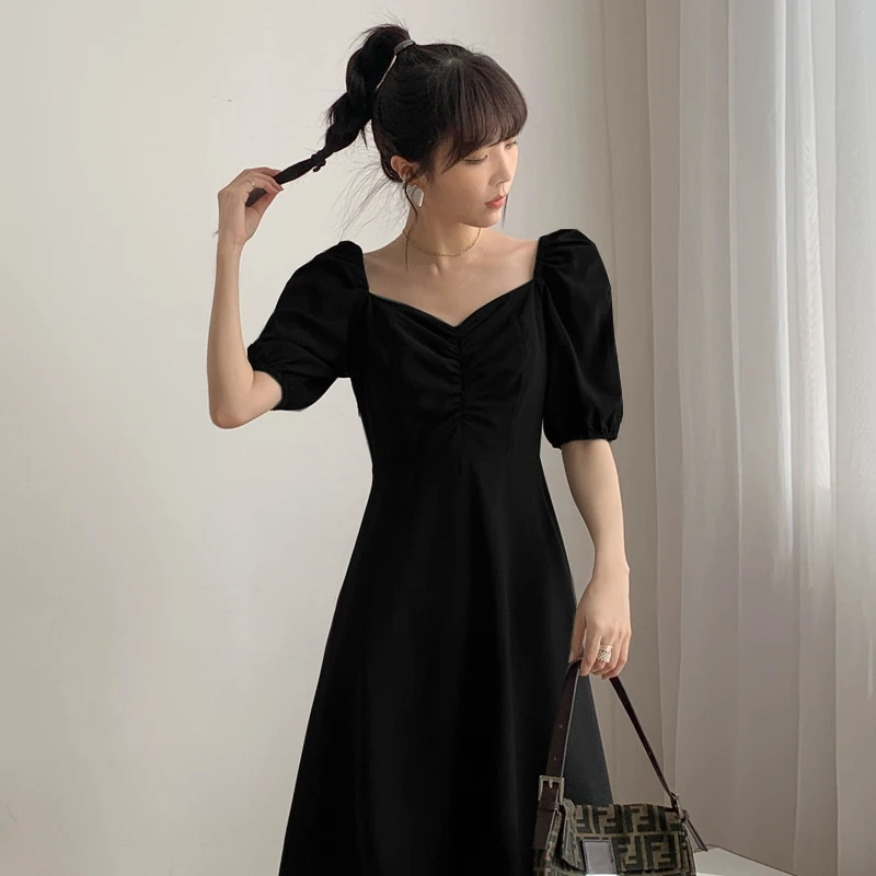 

2020 Summer New French Retro Square Collar Style Little Black Dress Temperament Waist-Controlled Slimming Puff Sleeve