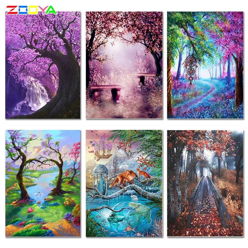 Фиолетовое дерево с несимметричным водопадом Бриллиантовая фотография вышивка