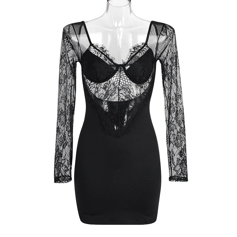 

Summer Women's Milk Silk Lace Long Sleeve Package Hip Dress Hot Style