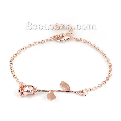 G bracelet DoreenBeads модный эмалевый кулон для женщин, девушек, розовое золото, красный цветок розы, кулон 50 см(19 5/")-45 см(17 6/8"), длинный 1 шт - Metal Color: G bracelet