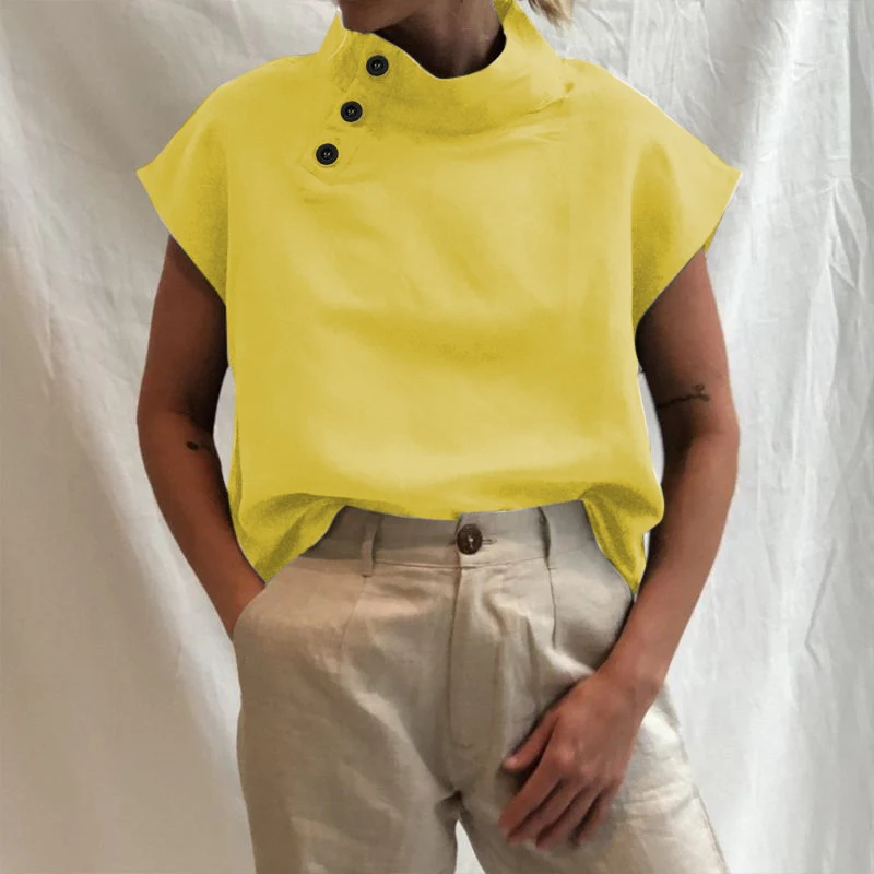 JESSIC Женские однотонные со стоячим воротником на пуговицах из хлопка и льна