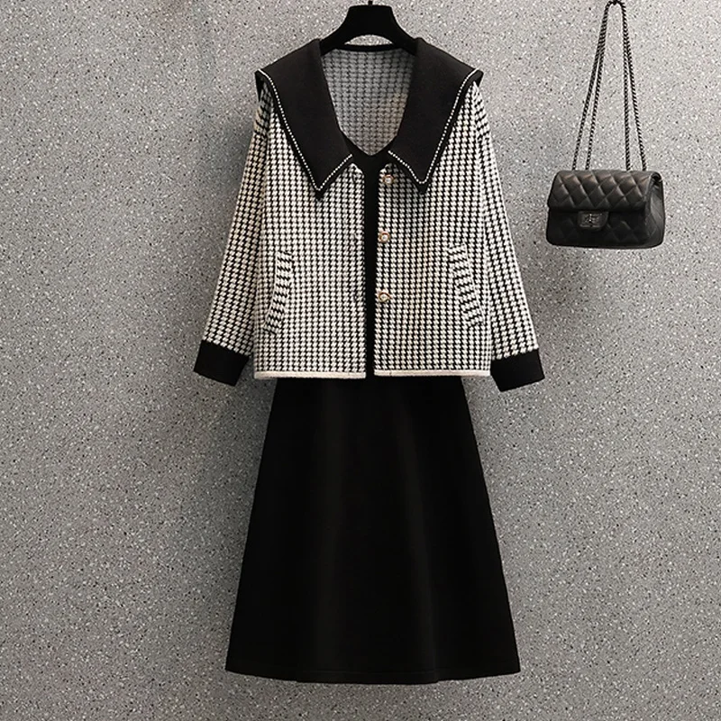 

Женский офисный костюм, трикотажное пальто с рисунком «гусиные лапки» и сексуальное платье на бретельках, комплект из двух предметов, Осенн...