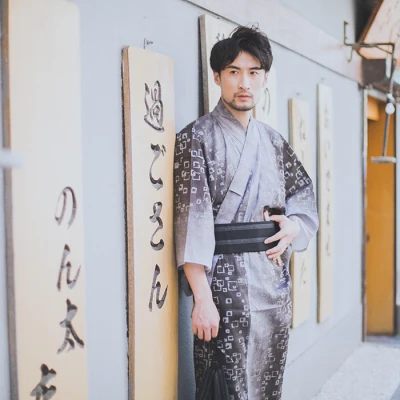 

Traditional Japan Kimono Yukata Men's Dressing Gown Male Lounge Robes with Belt Summer Pajamas