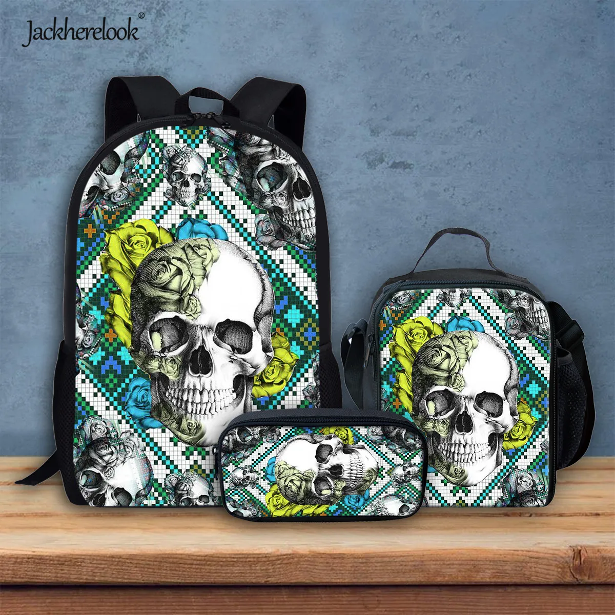 

Jackherelook Cool Skull Rose Print Junior Student Schoolbag Backpack Lage Capacity Teenager Bookbag Durable School Bags 3pcs/Set