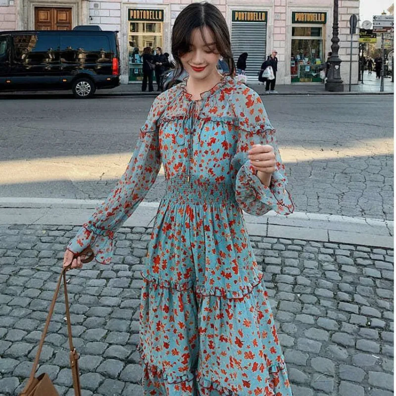 

2021 New Early Spring Women Elegant O-Neck Chiffon Floral Elastic Waist Midi Long Dresses Lantern Sleeve Casual Dresses Y478