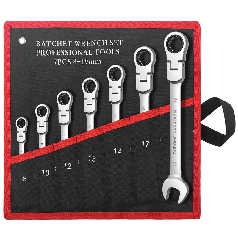 

7pcs Flex-Head Ratcheting Combination Wrench Set, 12 Point Ratchet Wrench, 72 Teeth Box End and Open End Wrench Set with Pouch