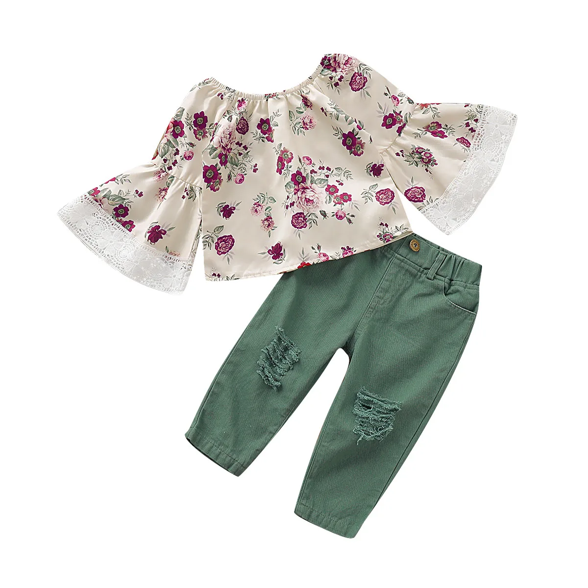 

Baby Girl Sunflower Outfit Flare Sleeve Tops T-shirt+Riped Demin Pants Outfits 1-6Years