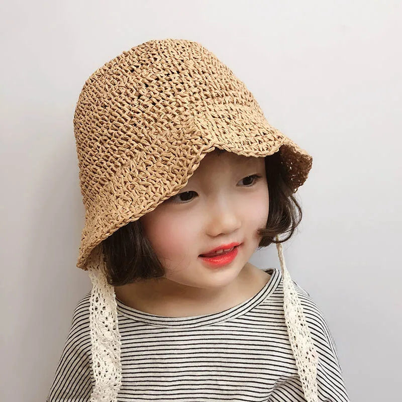 

Handmade Straw Hat Summer Baby Girls Lace Windproof Beach Sun Hat Floppy Bonnet Hats SER88