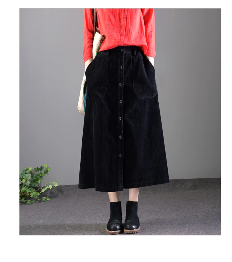 Lucyever Women Corduroy Long Skirt Autumn Winter Vintage Loose A-line Female High Waist Plus Size Thick Warm Ladies Faldas