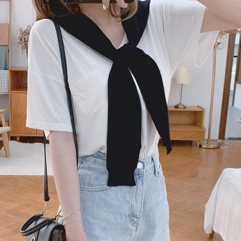 

Women's Knitted Shawl With Fake Knotted Collar Solid Color Soft Shawl Wraps Female All-Match Neckerchief LXH