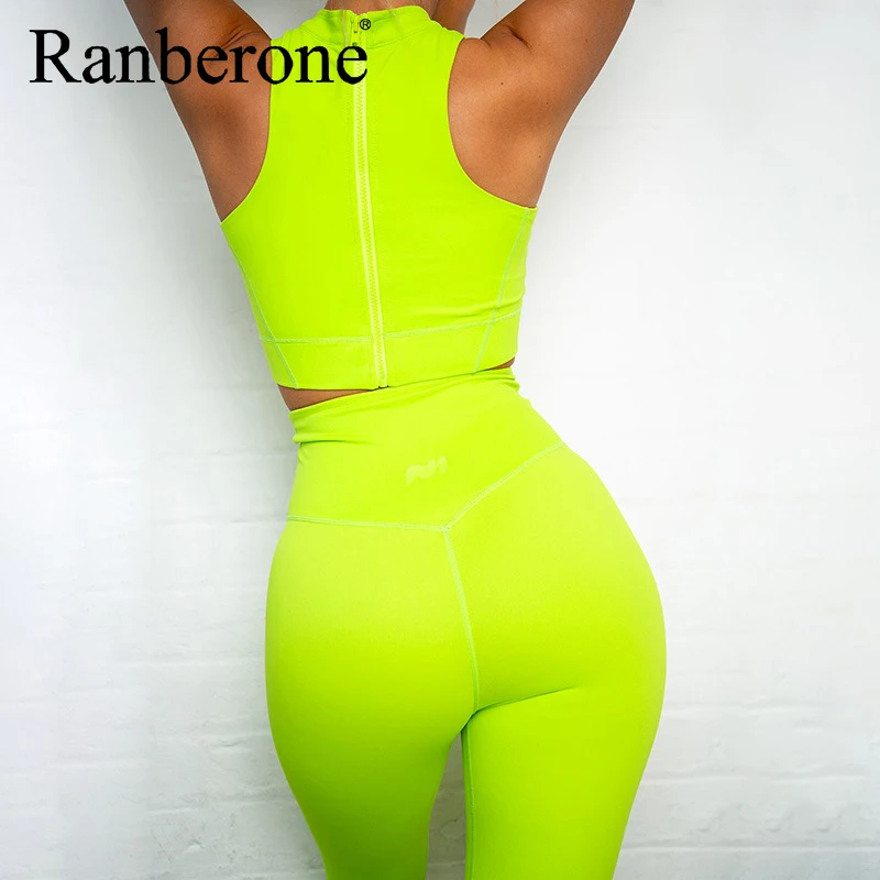 Ranberone Yoga Sets Women Sportswear Zipper Crop Tops Fluorescent Color Push Up Leggings Yoga Suit Women's Tracksuits 2021