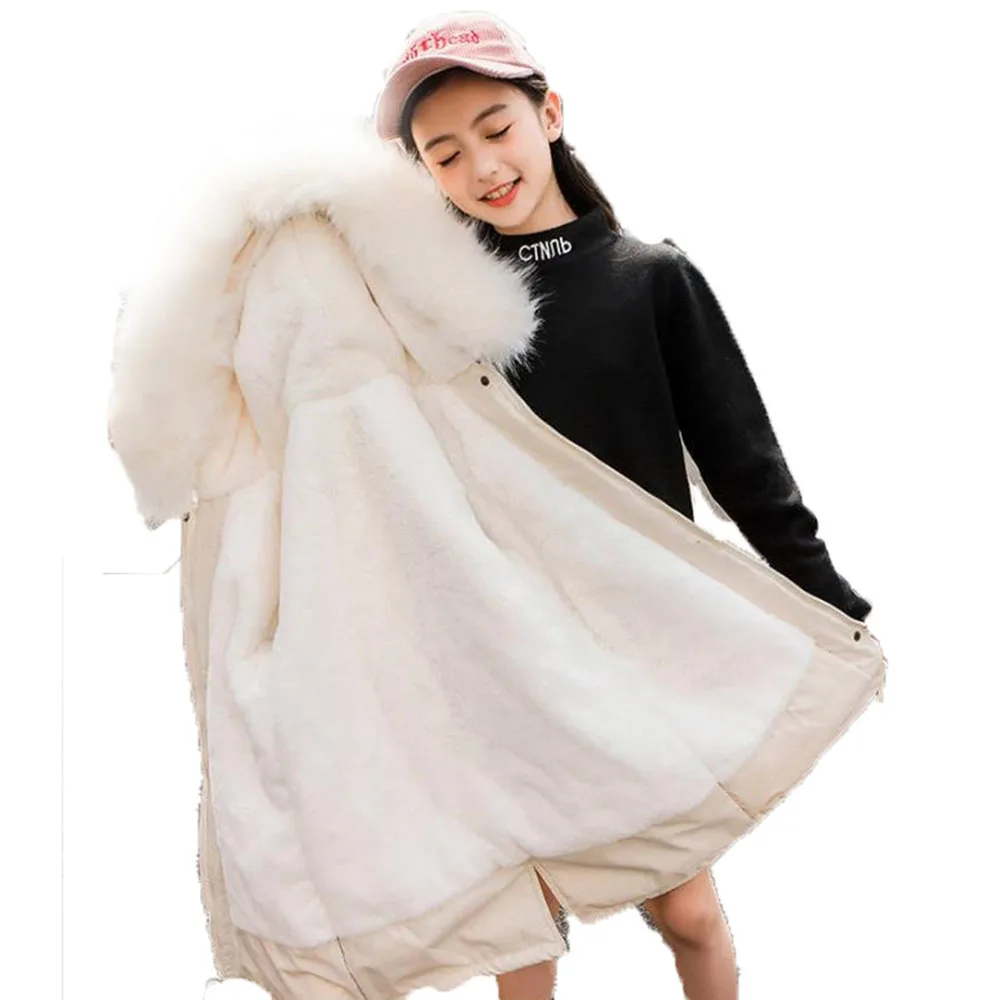 

Winter Polyester Jacket For Girl 2021 Korean Version Plus Velvet Thickening Mid-Length Coat Hooded Casual Children's Clothing