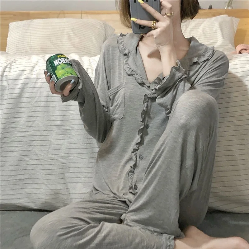 

HOUZHOU Pajamas for Women 2021 Spring Autumn Sleepwear Gray Solid Color Fungus Lace Pijamas New Fashion Pyjamas Home Wear Cute