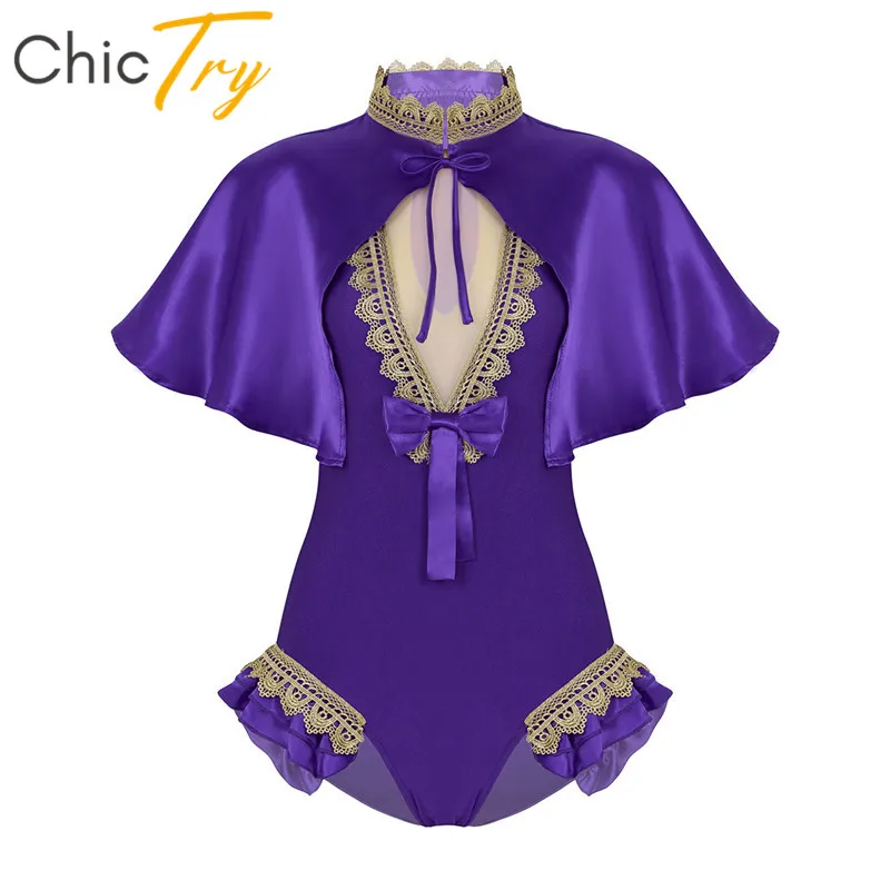 

ChicTry Purple Shiny Satin Cape with Gymnastics Leotard Bodysuit Set Adult Halloween Cosplay Party Circus Costume Dance Costumes