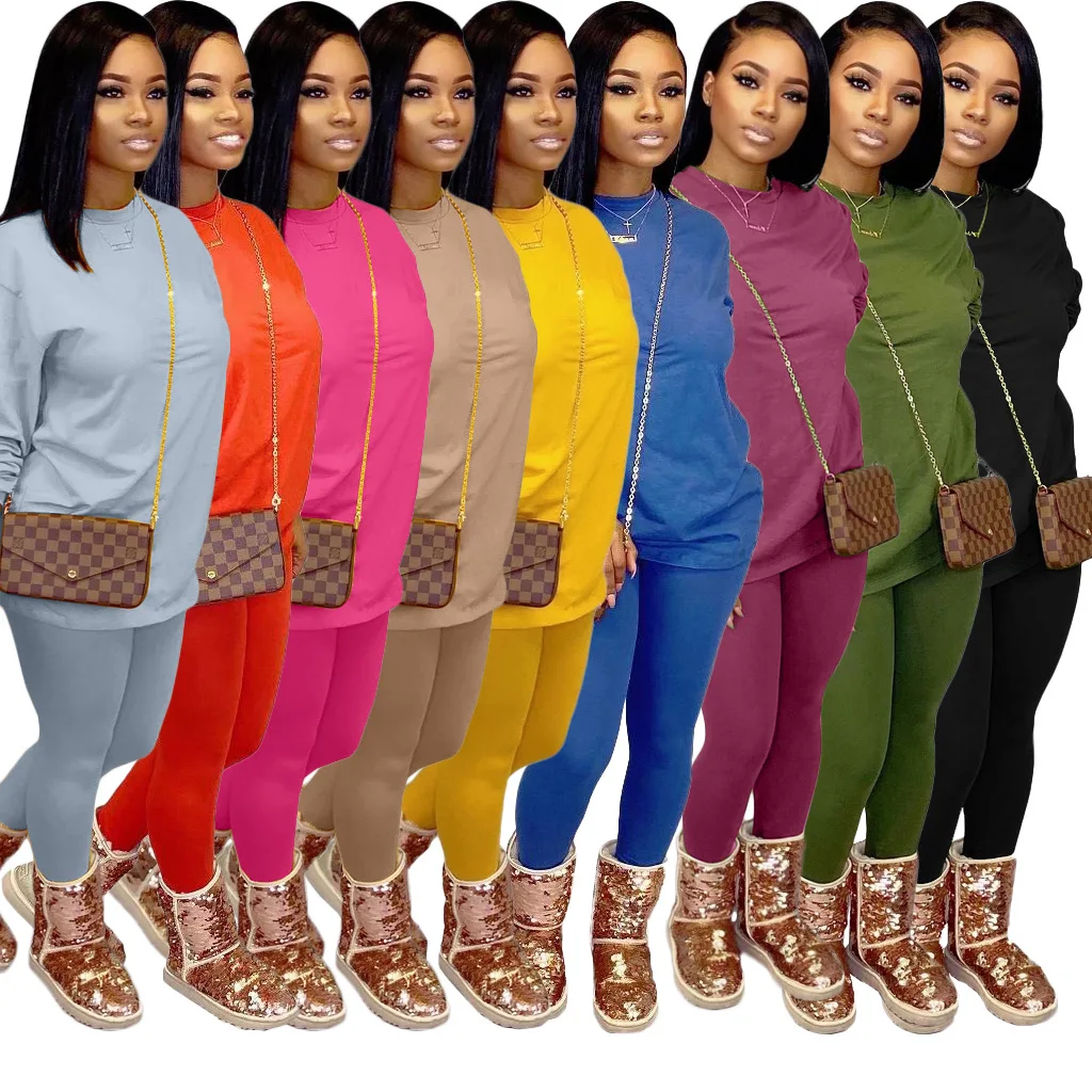 

62HR8080 Autumn Winter Women Casual Solid Two Piece Set Top O-neck Full Length and Pants Tracksuit Sweatsuit Outfits
