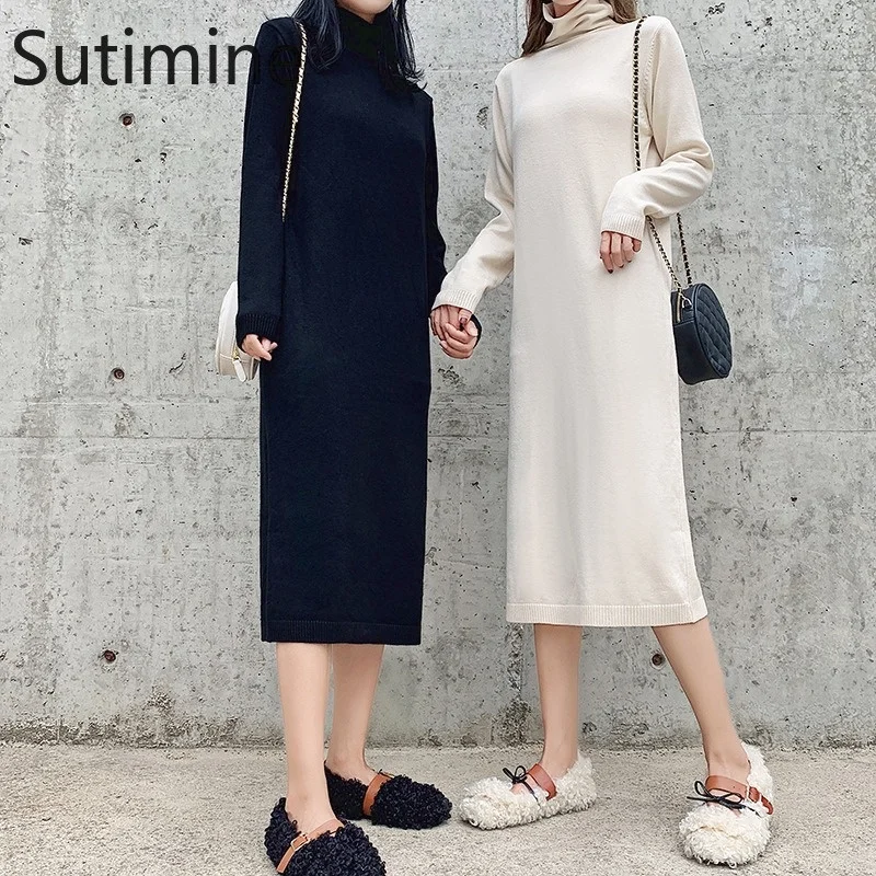 

Dresses for Women Office Lady Women's Dress Mid-Calf Women's Sweater Turtleneck Winter Famale Sweater Elegant Solid Knitting