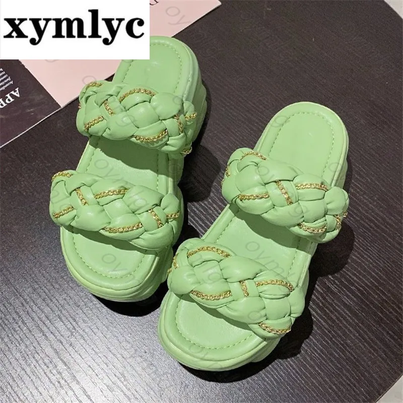 

Beach shoes women's platform slippers summer wear 2021 new thick-soled chain parallel polyurethane sandals slipper women