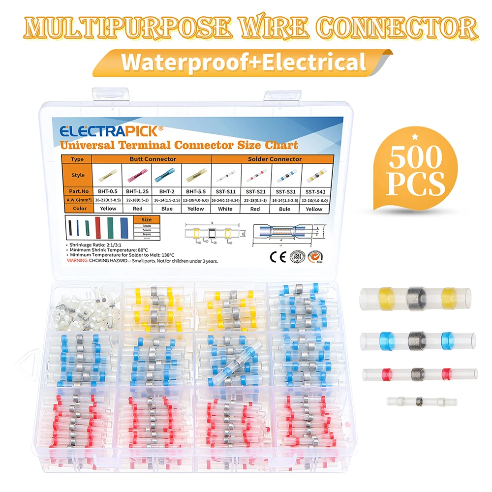 

Electrapick 500pcs Mixed Heat Shrink Connect Terminals Waterproof Solder Sleeve Tube Electrical Wire Insulated Butt Connectors