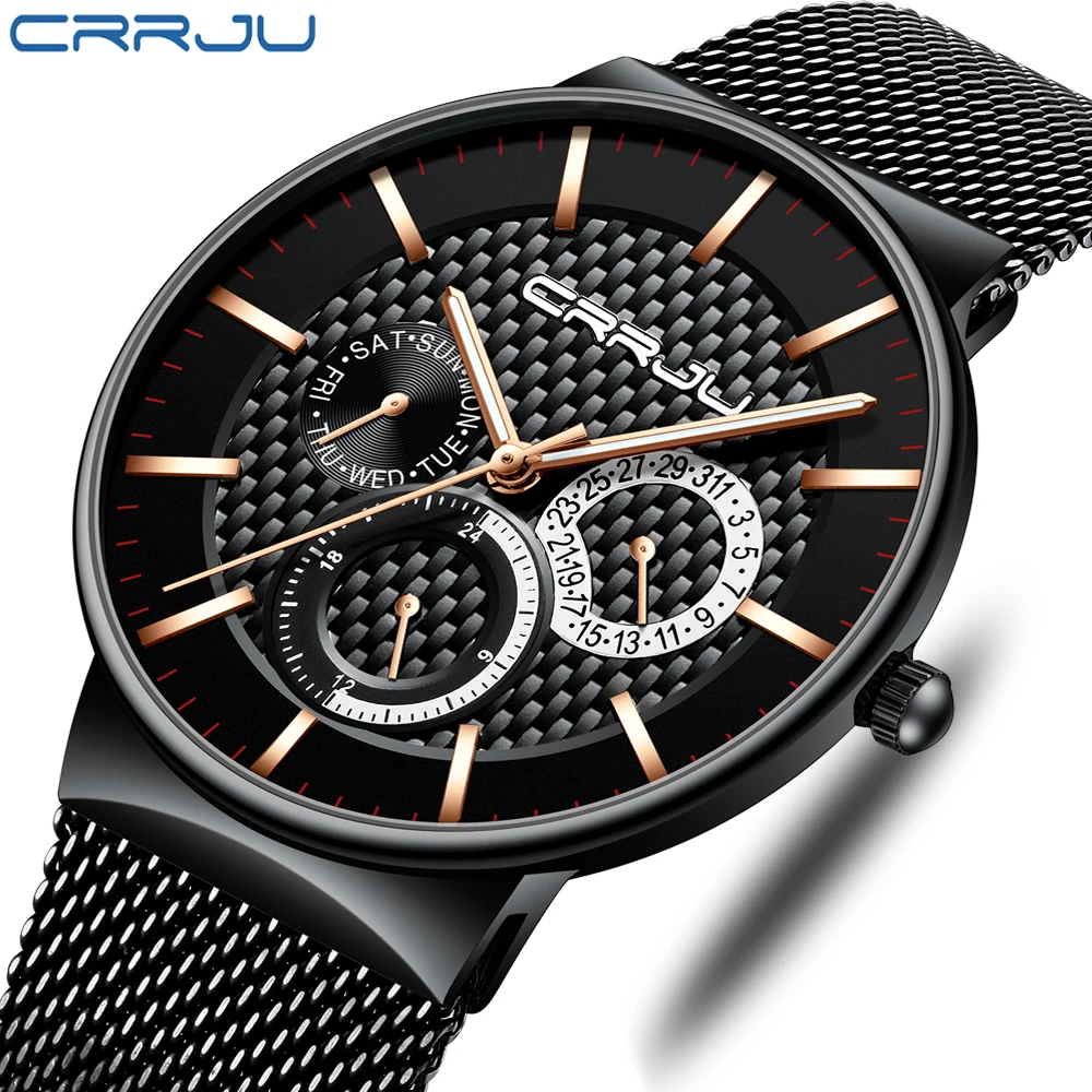 

Часы CRRJU мужские наручные, модные деловые с сетчатым ремешком из нержавеющей стали