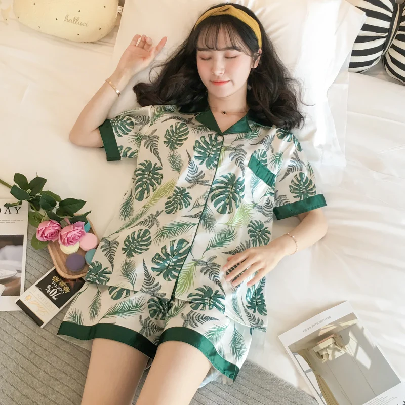 

Пижама женская летняя тонкая зеленая трава ледяной шелк с коротким рукавом из натурального шелка Костюм-двойка милый студенческий весенни...