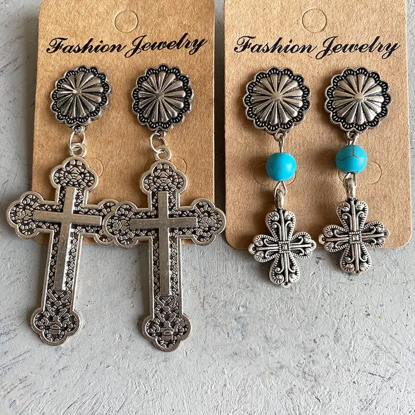 Western Vintage Silver Cushaw Flower Baroque Cross Earrings for Women Turquoise Beads Rood Boutique Jewelry Free Shipping