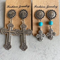 western vintage silver cushaw flower baroque cross earrings for women turquoise beads rood boutique jewelry free shipping