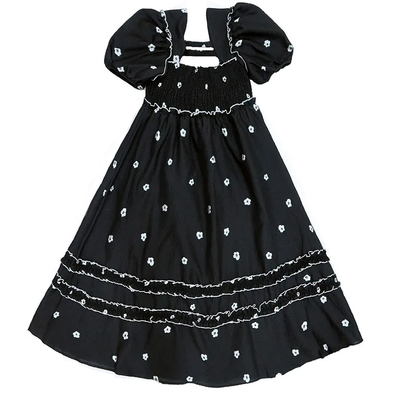 

Design black and white small flower mid-length doll skirt square collar French black dress vintage Ruffles Casual A-LINE