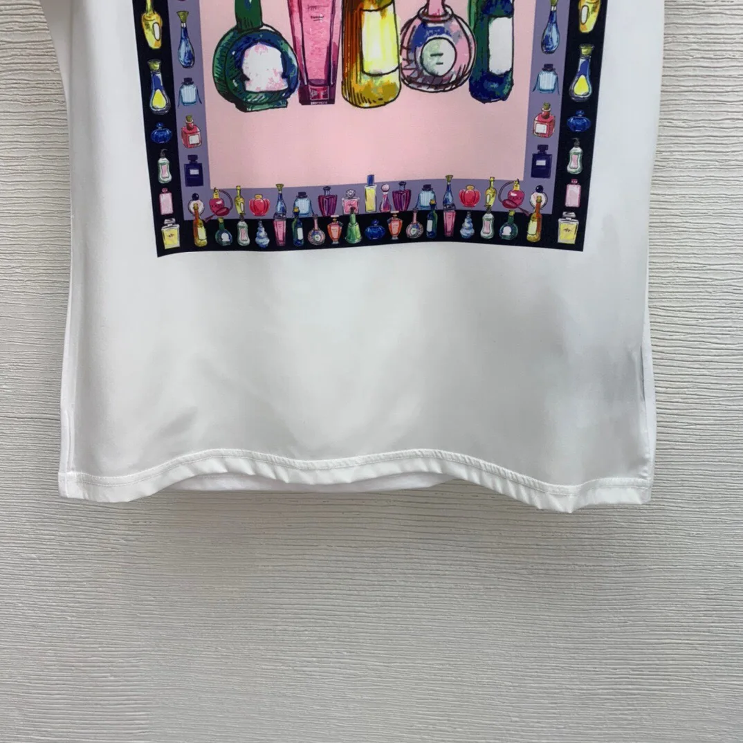 

Hoge Kwaliteit Nieuwe Zomer Koel En Transparante Kleur Fles Afdrukken Front Stuk Zijde Stiksels Terug Stuk Katoenen T-shirt