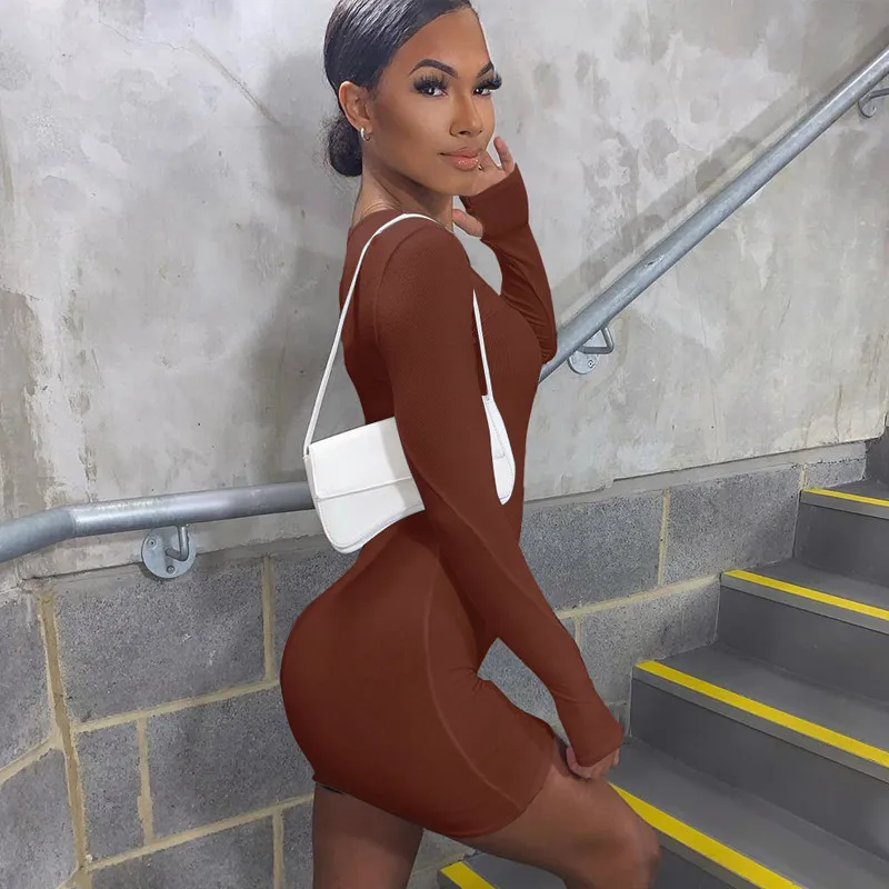 

Women Sexy Bodycon Dress Solid Long Sleeve Solid Color Rib Knit Crew Neck Stretchy Mini Dress Ladies Dresses Vestido De Festa