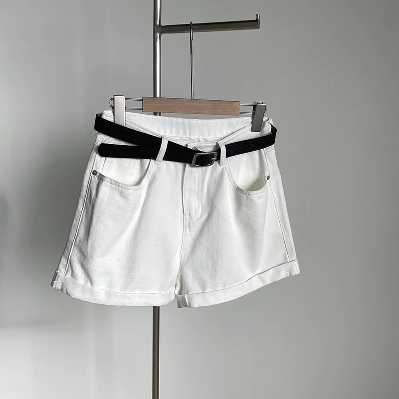 

Belt Jeans Shorts Women's 2021 Summer Casual New Loose Curled White Blue Wash Jeans