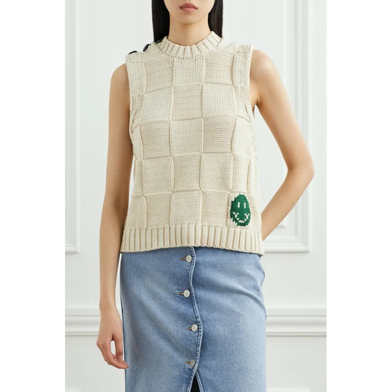 

2021 Early Autumn Smiley Print Knitwear Shoulder with Buttons Ladies Pullover Top Women O-Neck Sleeveless Knitted Vest Sweater