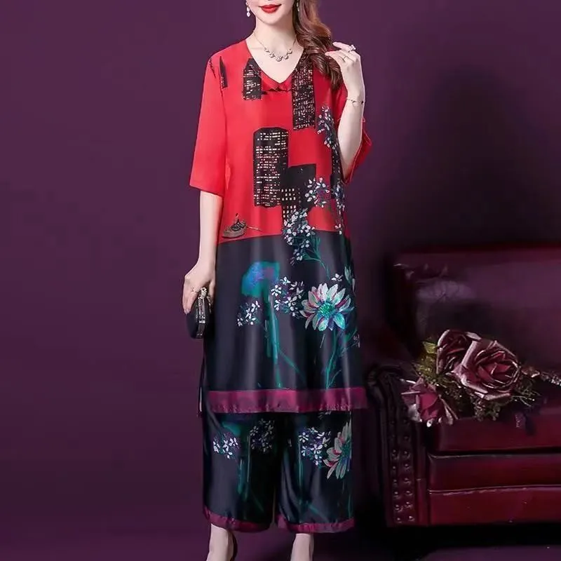 

Women 2 Sets Clothing With Cardigan Dresses Wide Leg Pants Plus Size Suits Vintage Elastic Waist X-long Print Plus Size 5xl