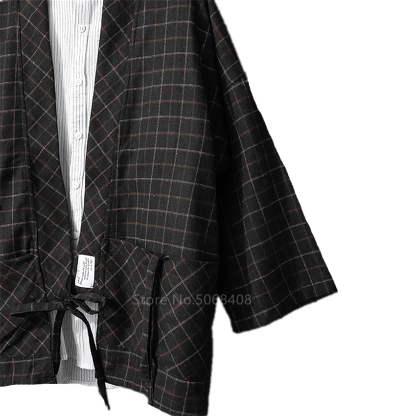 

Japanese Style Haori Men Samurai Costume Harajuku Fashion Kimono Cardigan Plaid Yukata Coat Bandage Party Women Streetwear Party